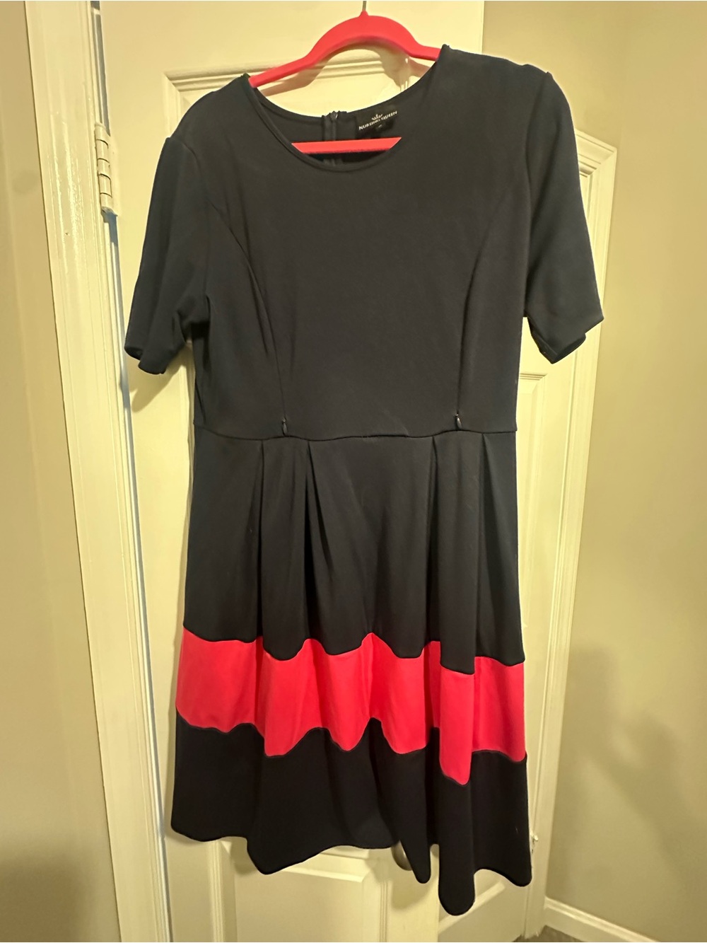 Navy Fit & Flare Nursing Dress with Pink Band Accent